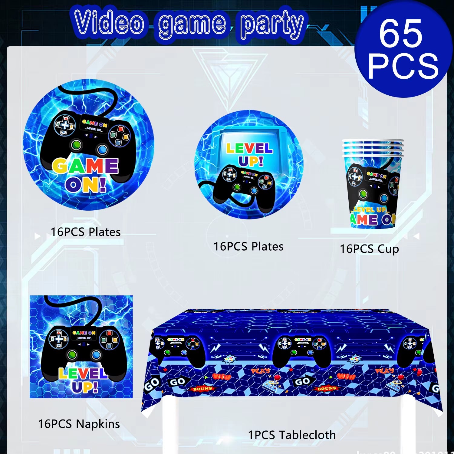 Gamer Birthday Decorations Blue, 65Pcs Gaming Party Tableware Set - Game Themed Party Plate Cups Napkins Tablecloth Etc