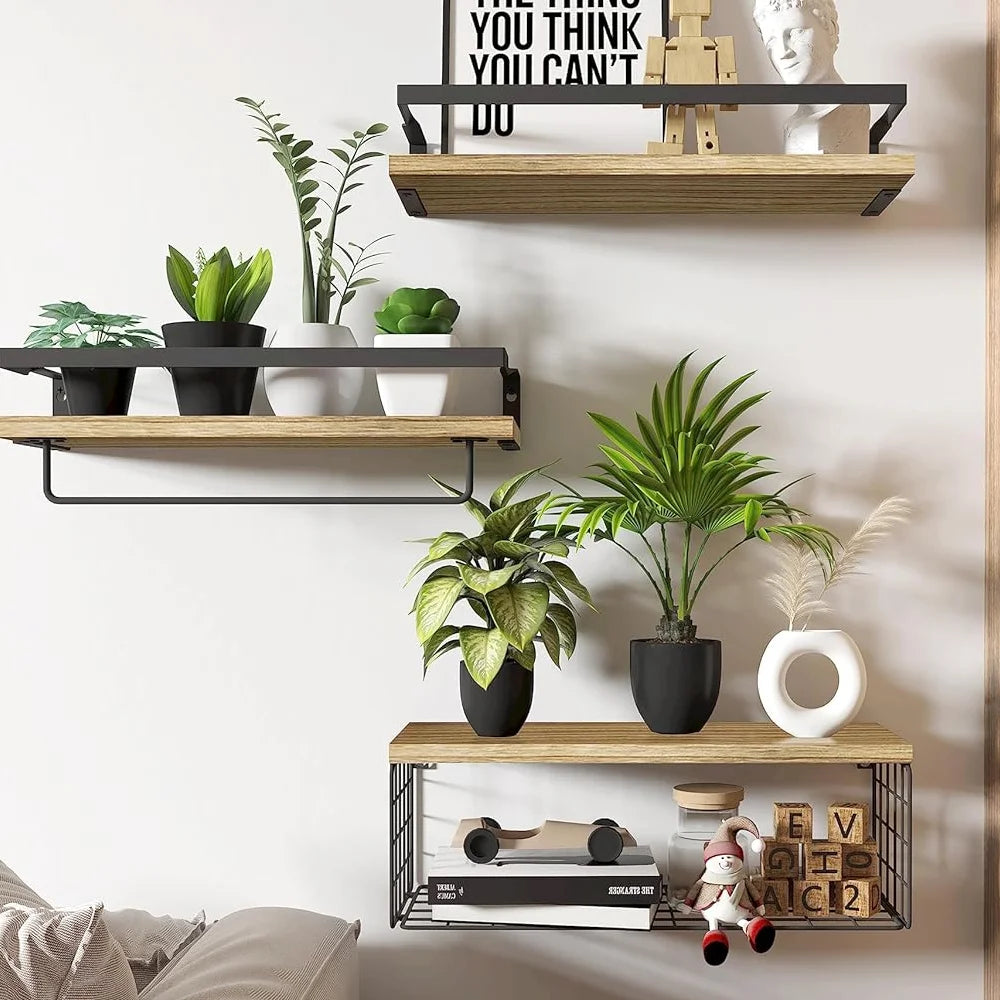 [UK Stock] Bathroom Shelves Floating Shelves with Wire Storage Basket Bathroom Shelves over Toilet Multifunction Shelves