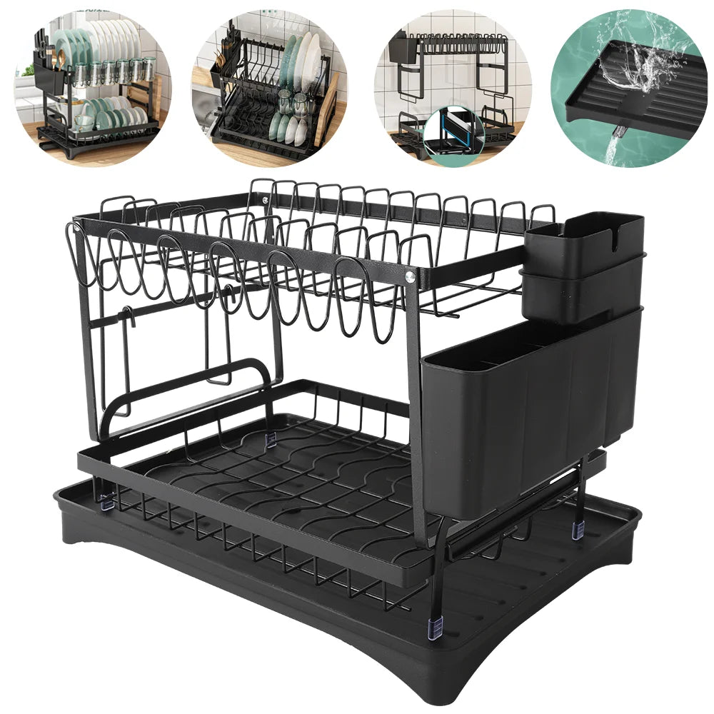 2 Tier Dish Drying Rack Dish Drainer Drying Rack with Drainer and Kitchen Countertop Utensil Holder Dish Drainer for Dish&Cup