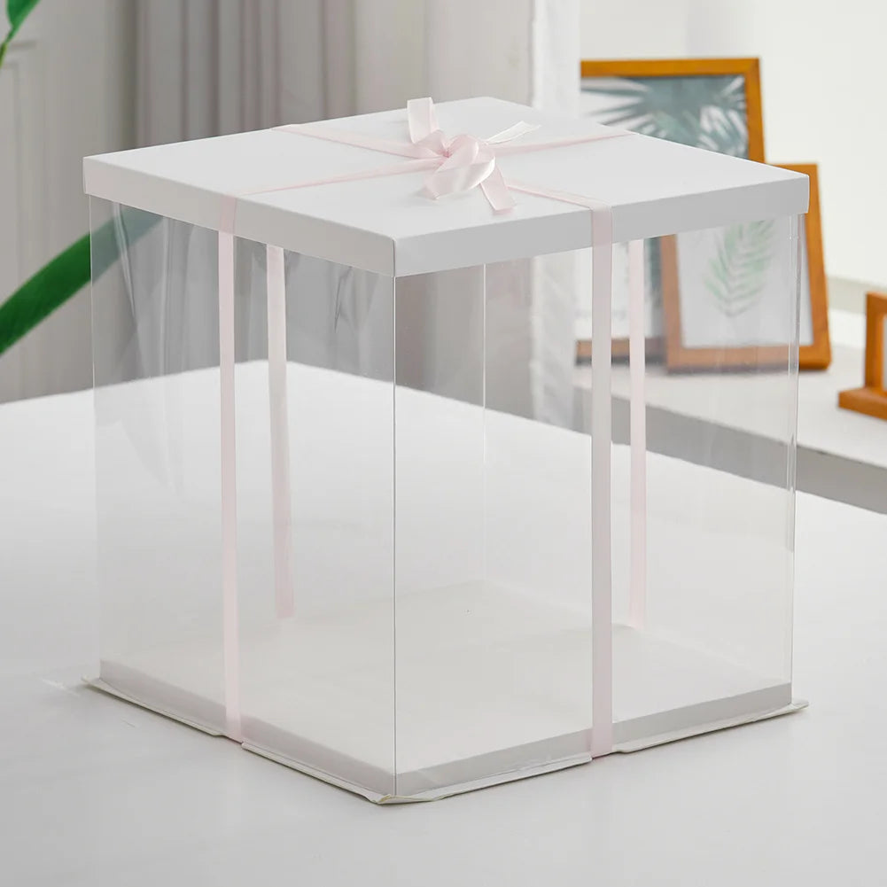 10 Inch Clear Plastic Cake Gift Box with Ribbon 30Cm W X 30Cm D X 35Cm H