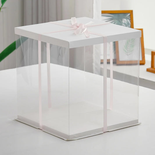 10 Inch Clear Plastic Cake Gift Box with Ribbon 30Cm W X 30Cm D X 35Cm H