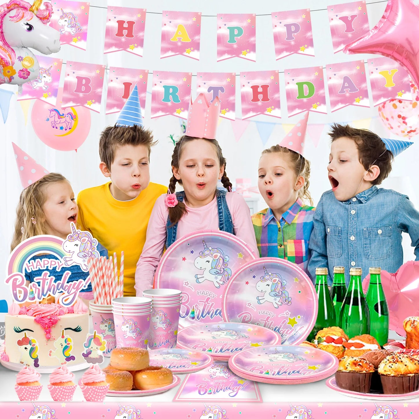 Unicorn Birthday Party Supplies,116Pcs Decorations&Birthdays Tableware Set-Unicorn Party Plates Napkins Table Cloth Etc