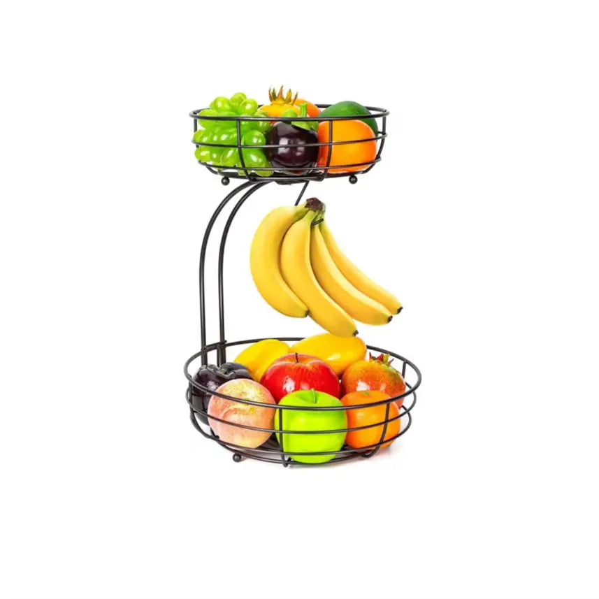 Fruit Basket, 2-Tier Fruit Bowl with Banana Hanger, , Metal Luxurious Fruit Basket-Vegetable Holder, Home Decor