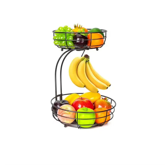 Fruit Basket, 2-Tier Fruit Bowl with Banana Hanger, , Metal Luxurious Fruit Basket-Vegetable Holder, Home Decor