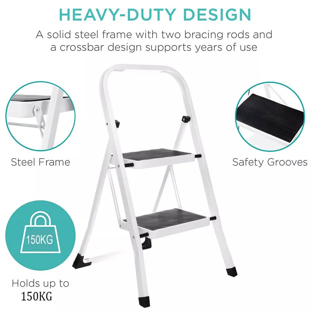 2 Step Steel Ladder Folding Stepstool Seat Ladder Metal Foot Stool with Safety Slip Rubber Feet for Office and Home