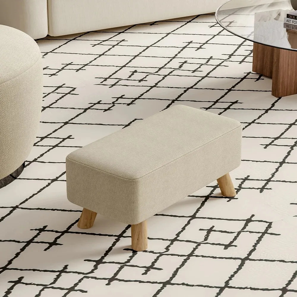 Beige Rectangular Tofu-Shaped Household Footrest with Solid Wooden Legs