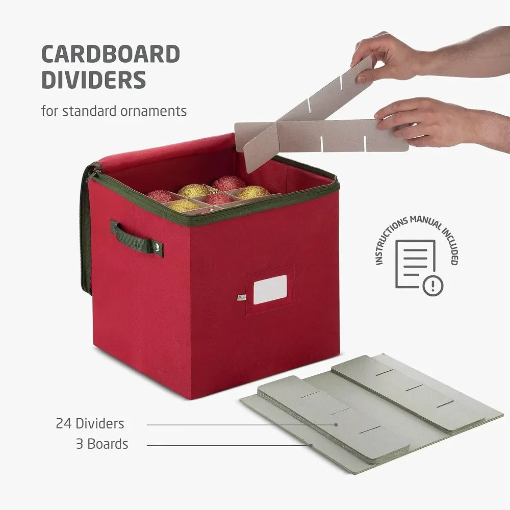 Christmas Ornament Storage Box Stores 64 Ornaments W/Dual Zippers Non Woven Tear Proof Containers 3 Inch Cube