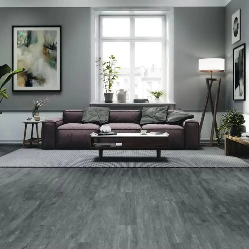 Dark Grey PVC Wood Plank Flooring Scratch & Water Resistant, Realistic Wood Grain, Peel-And-Stick Installation 91.5X15.2Cm