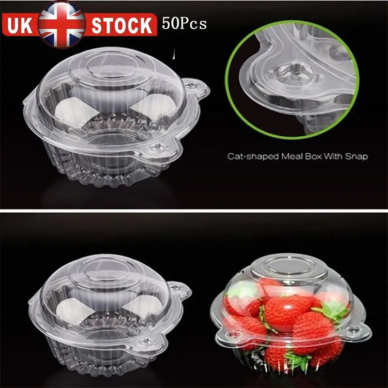 50Pc Plastic Cupcake Muffin Single Cup Cake Holders Boxes Pods Domes Cases Clear