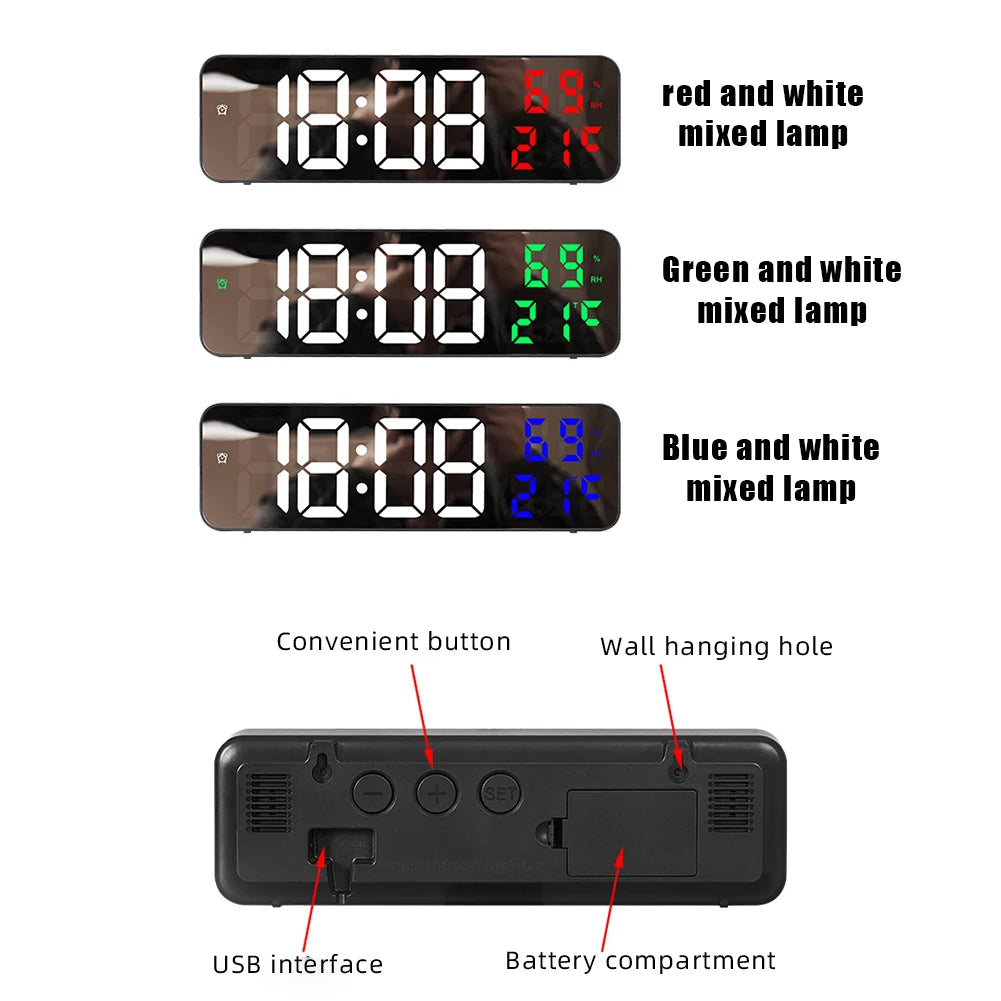 Led Digital Wall Clock Large Screen Wall-Mounted Time Temperature Humidity Display Electronic Alarm Clock