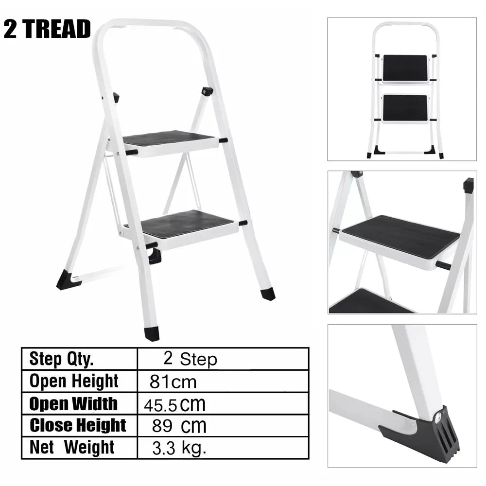 2 Step Steel Ladder Folding Stepstool Seat Ladder Metal Foot Stool with Safety Slip Rubber Feet for Office and Home