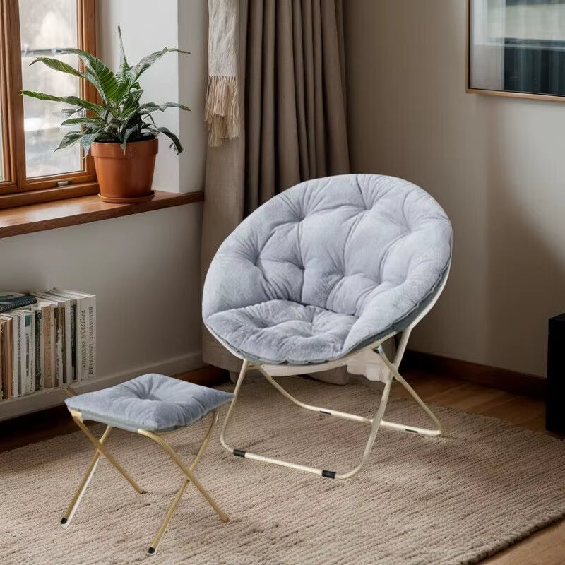Round Folding Faux Fur Saucer Chair for Bedroom Living Room Dorm Comfy Furry Padded Soft Cozy Moon Chair with Footrest Ottoman