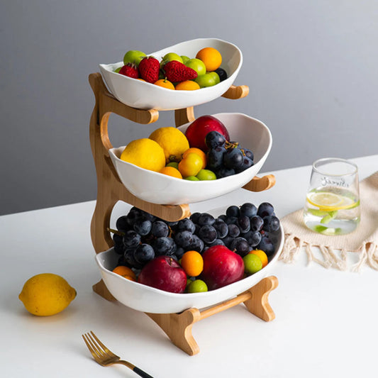 3 Layer Multi-Layer Ceramic Fruit Plate Bamboo Wooden Frame Household Sushi Plate Basket Bowl Holder Vegetables Storage Stand