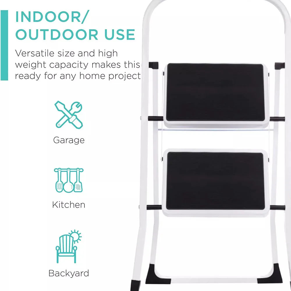 2 Step Steel Ladder Folding Stepstool Seat Ladder Metal Foot Stool with Safety Slip Rubber Feet for Office and Home