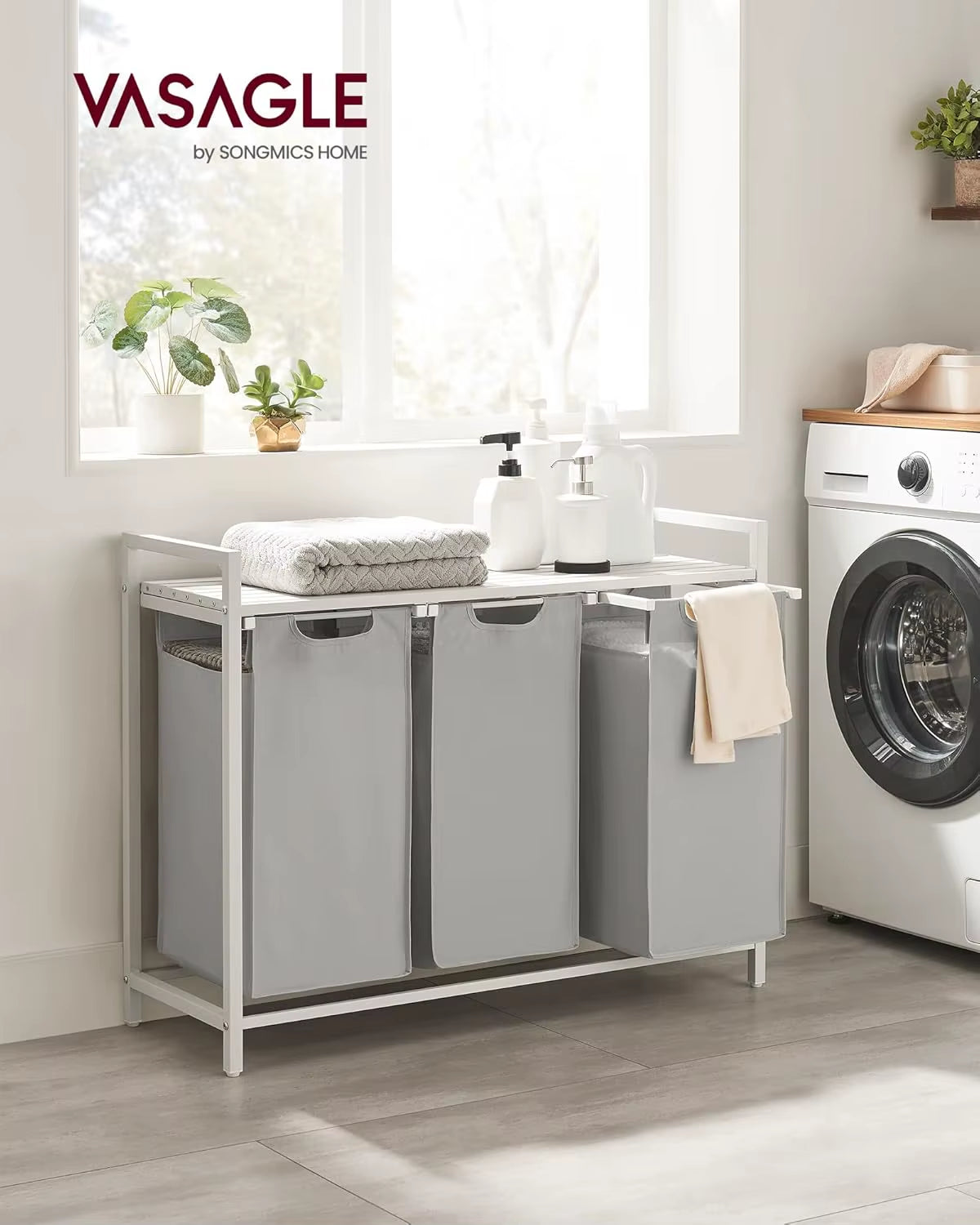 Laundry Basket, 3-Compartment Laundry Hamper, Pull-Out and Removable Laundry Bags, Laundry Sorter, Shelf