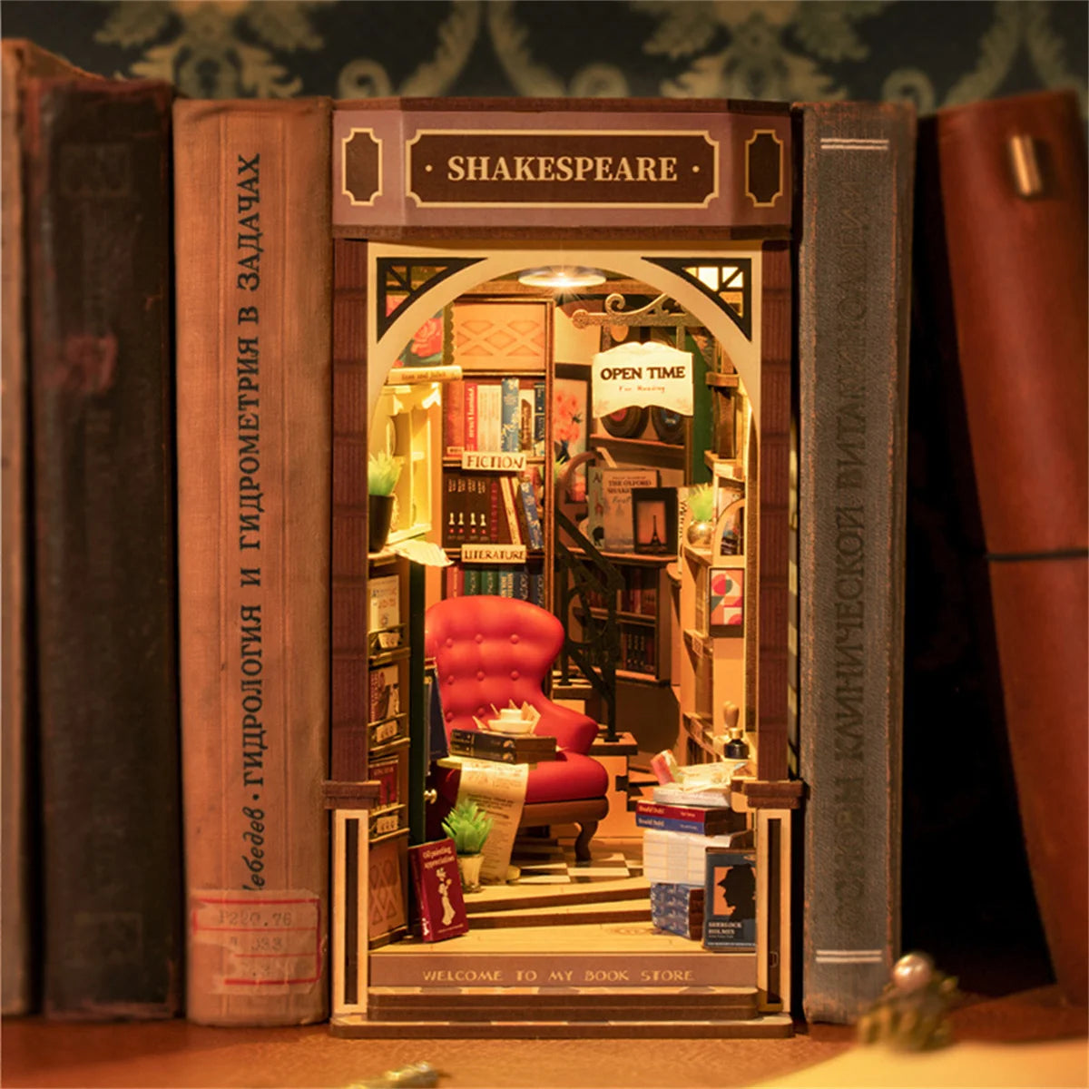 Rolife Bookstore Book Nook Bookend Model Kit with LED Light DIY Miniature House Kit for Bookshelf Decor - TGB07