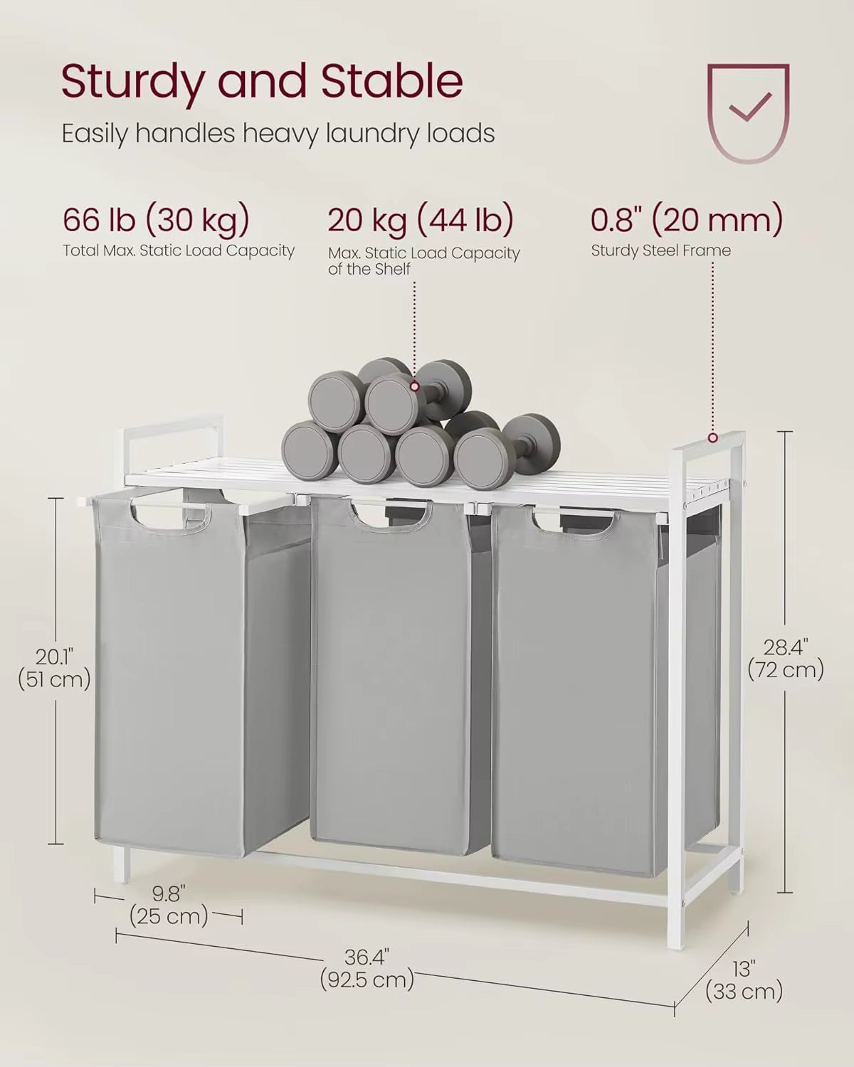 Laundry Basket, 3-Compartment Laundry Hamper, Pull-Out and Removable Laundry Bags, Laundry Sorter, Shelf