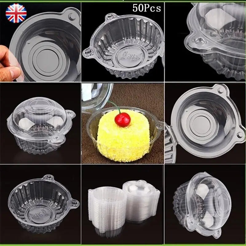 50Pc Plastic Cupcake Muffin Single Cup Cake Holders Boxes Pods Domes Cases Clear