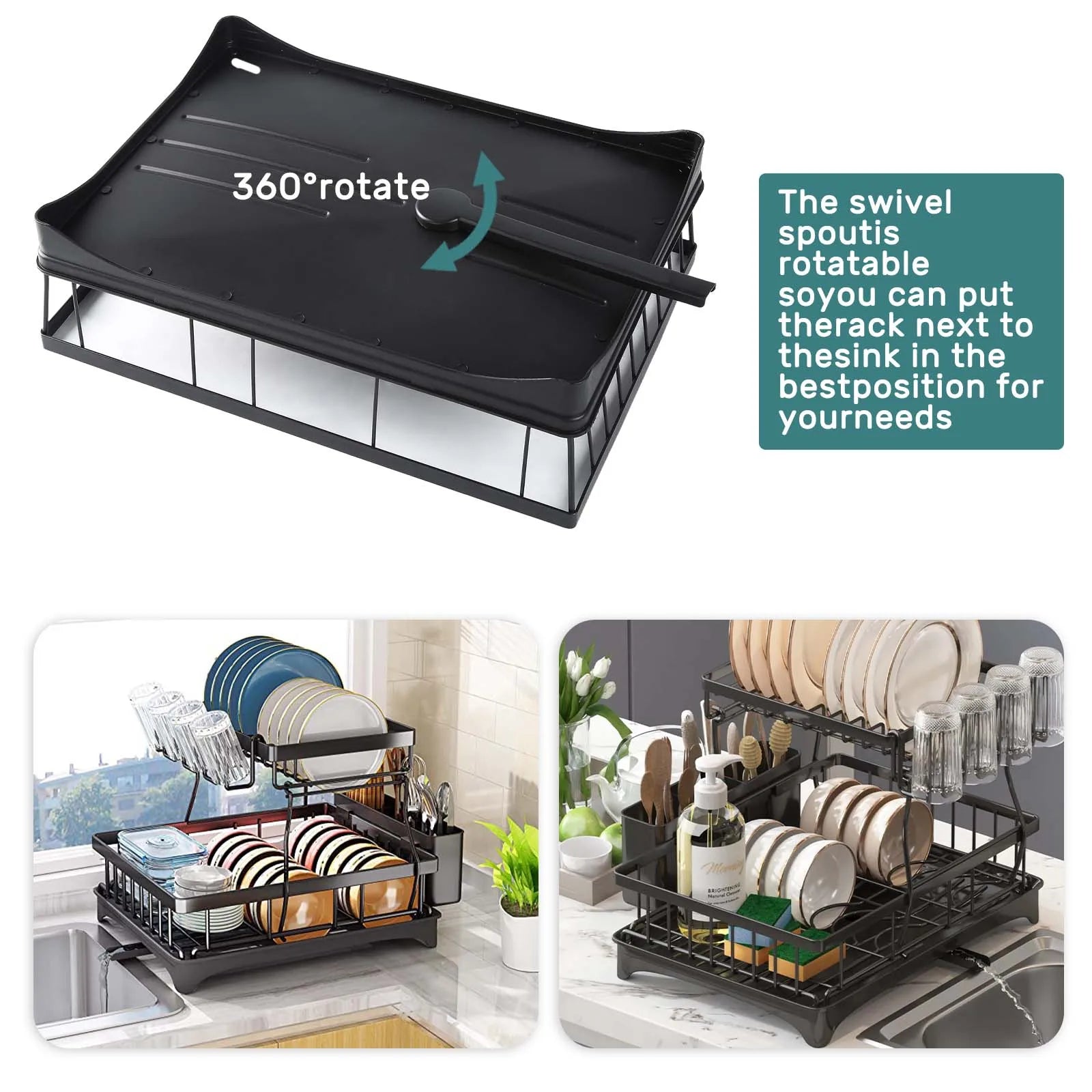 Large 2-Tier Dish Drying Rack for Kitchen Countertops, Removable Large-Capacity Dish Draining Rack