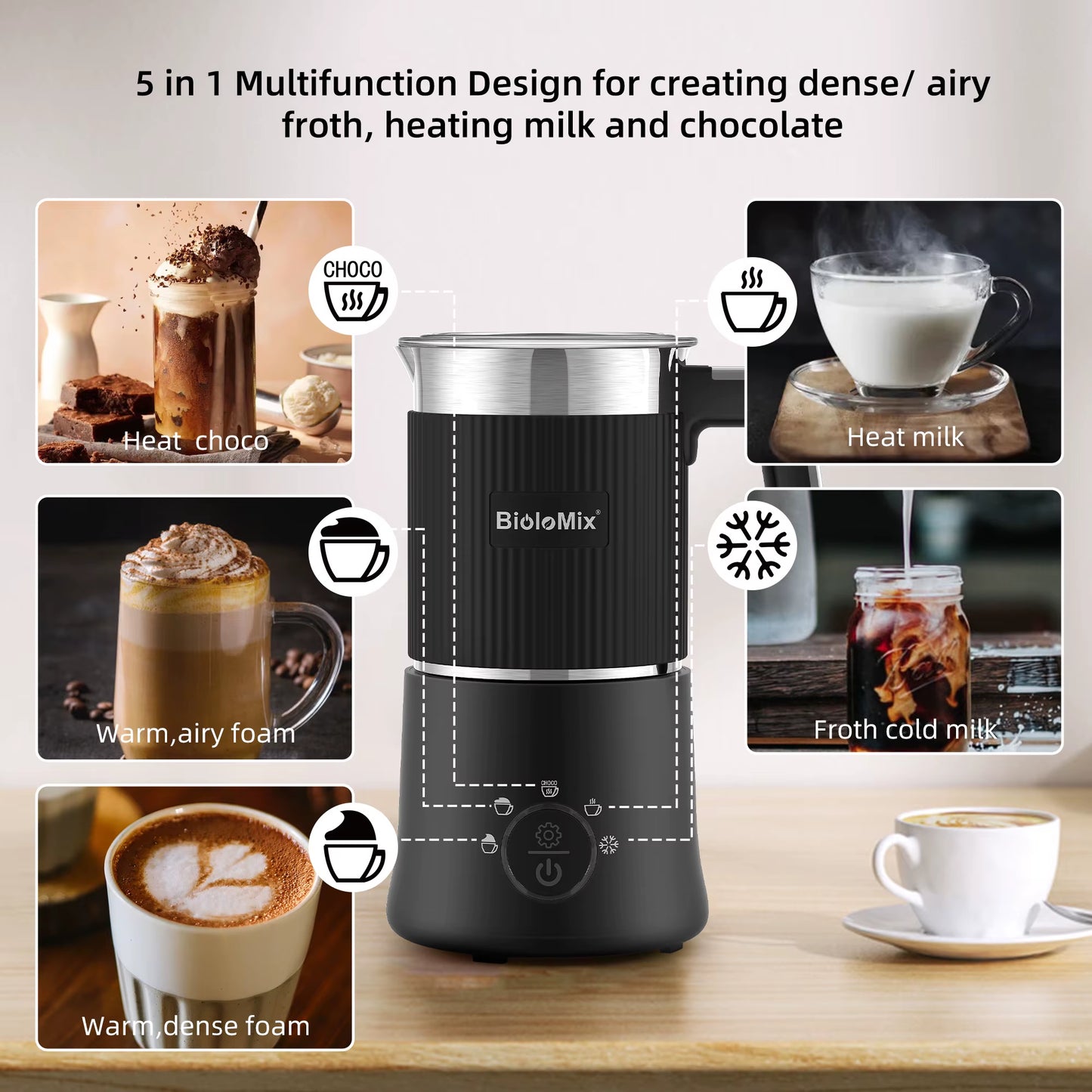 Detachable Milk Frother and Steamer,5-In-1 Automatic Hot/Cold Foam and Hot Chocolate Maker,Dishwasher Safe