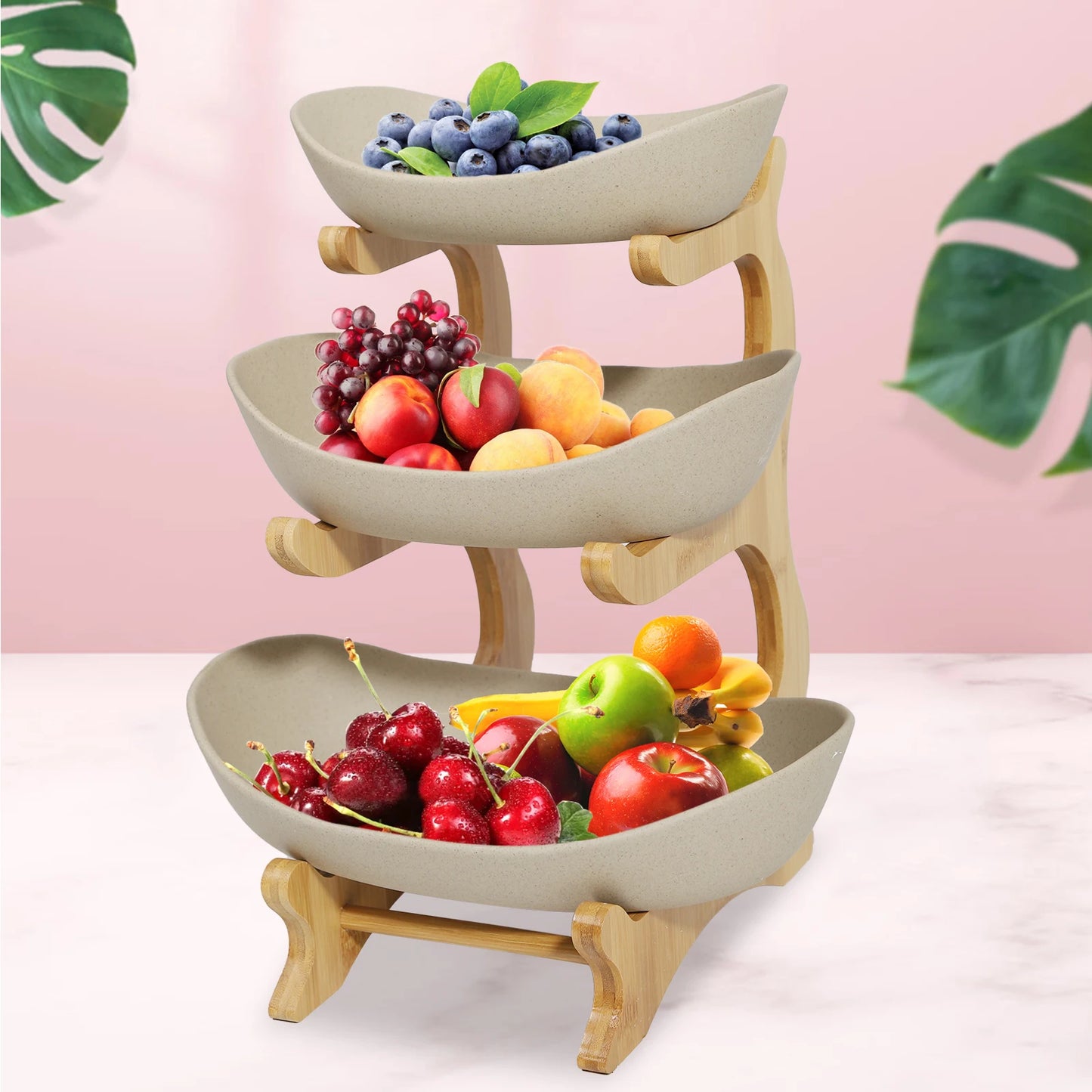 3 Layer Multi-Layer Ceramic Fruit Plate Bamboo Wooden Frame Household Sushi Plate Basket Bowl Holder Vegetables Storage Stand