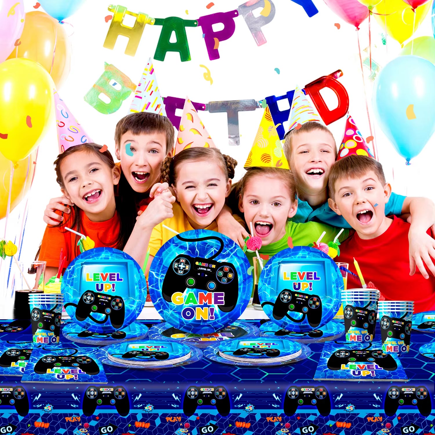 Gamer Birthday Decorations Blue, 65Pcs Gaming Party Tableware Set - Game Themed Party Plate Cups Napkins Tablecloth Etc