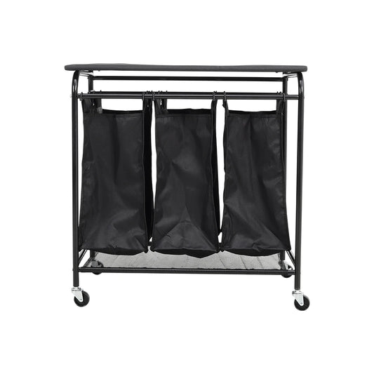 Black 3 Bag Wheeled Laundry Sorter Cart with Ironing Board